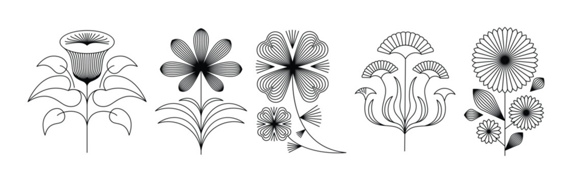 Vector design elements and simple illustrations in simple linear style, packaging template and stickers, minimal designs for golden foil printing, cards, invitations and prints