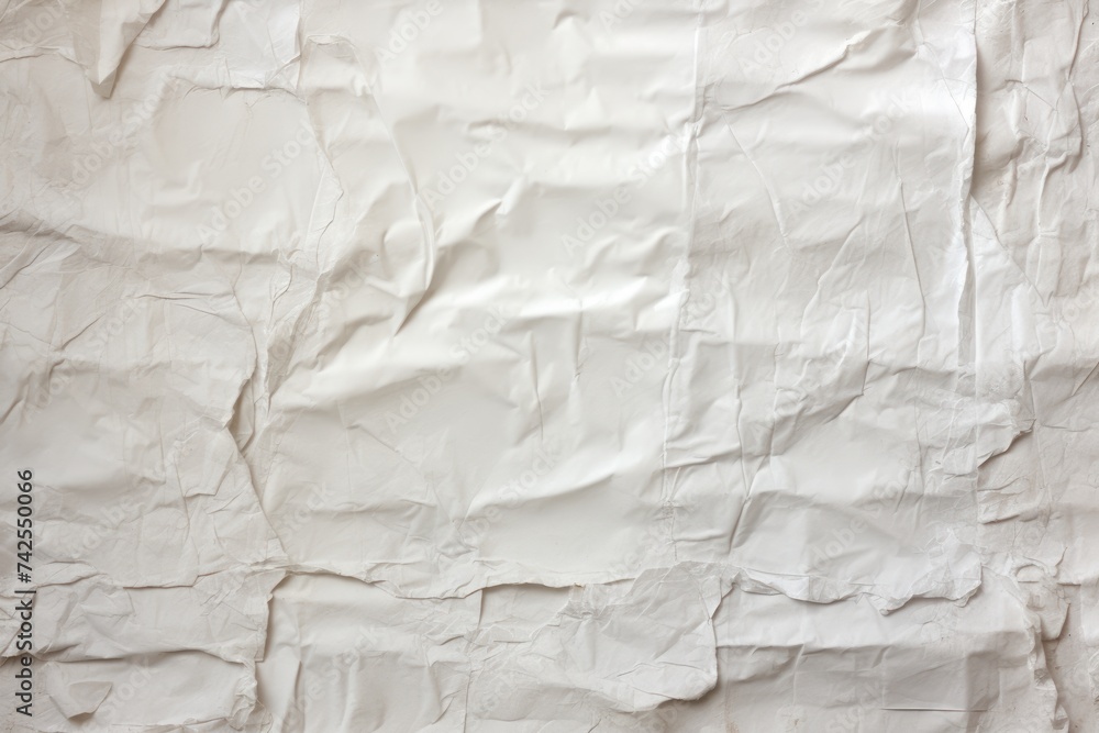 Poster crumpled white paper with rough texture. horizontal lines and dirty edges. ripped sheet