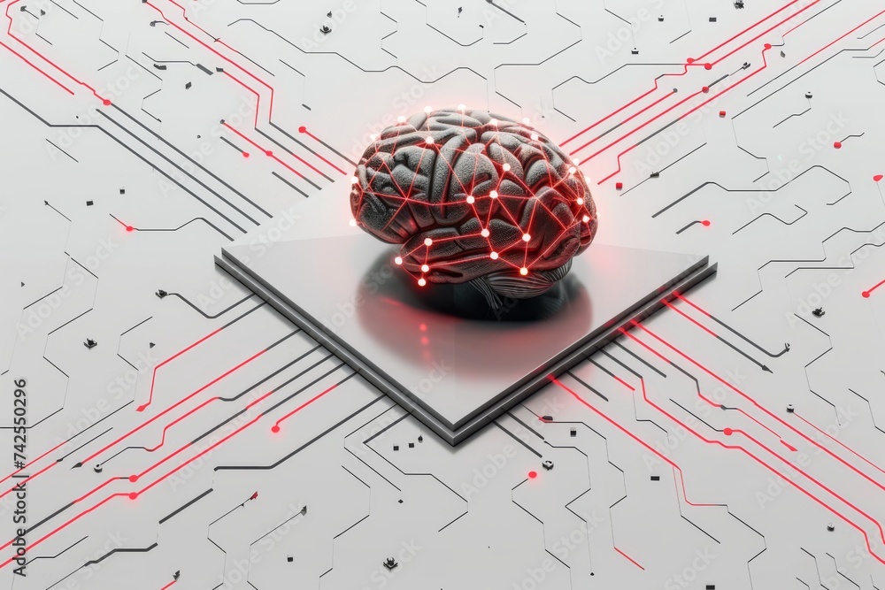 Poster ai brain chip technology. artificial intelligence platform mind neurological treatment axon. semicon