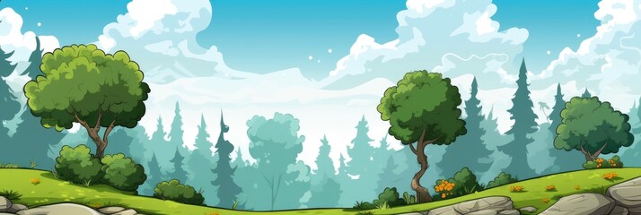 Cartoon Forest Landscape Seamless Pattern for Summer. Hand Drawn Trees, Bushes, Plants, and Stones