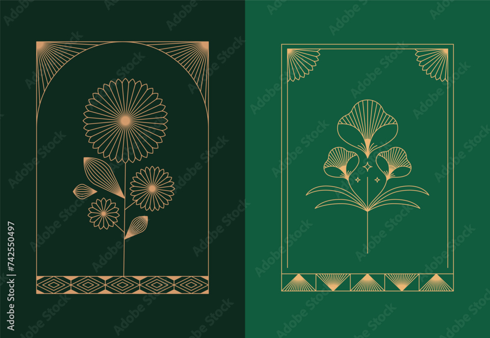 Poster Vector design elements and simple illustrations in simple linear style, packaging template and stickers, minimal designs for golden foil printing, cards, invitations and prints
