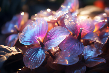 Holographic Flowers. Close up of Colorful Plants in The Forest with Shiny Effect