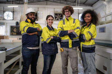 Group of factory workers wear safety uniform reflective jacket standing in plant floor. Diverse group of engineer people working together, portrait. Young adult men and women manufacturing teamwork. - obrazy, fototapety, plakaty