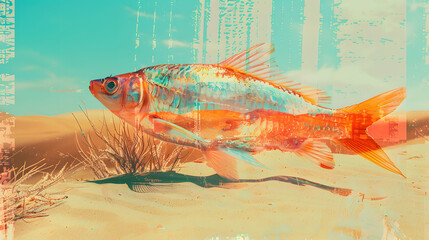 fish stranded in the desert, drought climate catastrophe, glitch art - obrazy, fototapety, plakaty
