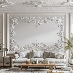 Classic living room interior with ornate white plaster moldings and elegant furniture.