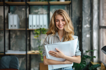 Portrait of young woman financier inside office at work, businesswoman smiling looking at camera, holding papers.