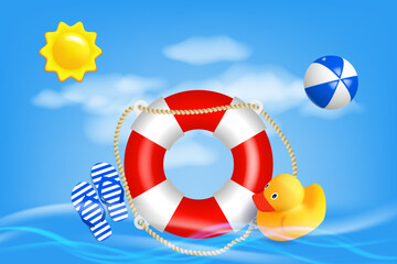 Summer vacation poster with 3d objects in ocean waves. Beach ball, yellow sun, lifebuoy, beach sandals, yellow rubber duck. Vector illustration - 742552625