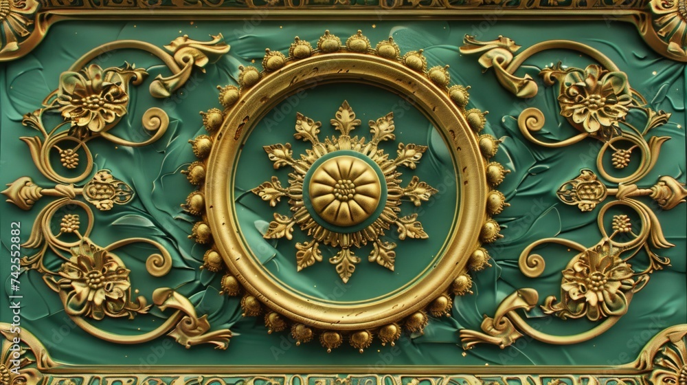 Wall mural gold and green ornamental relief panel with floral motifs.