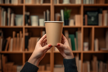 A woman's hands holding a disposable eco-friendly cardboard cup with takeaway coffee and a shelf full of books in the background