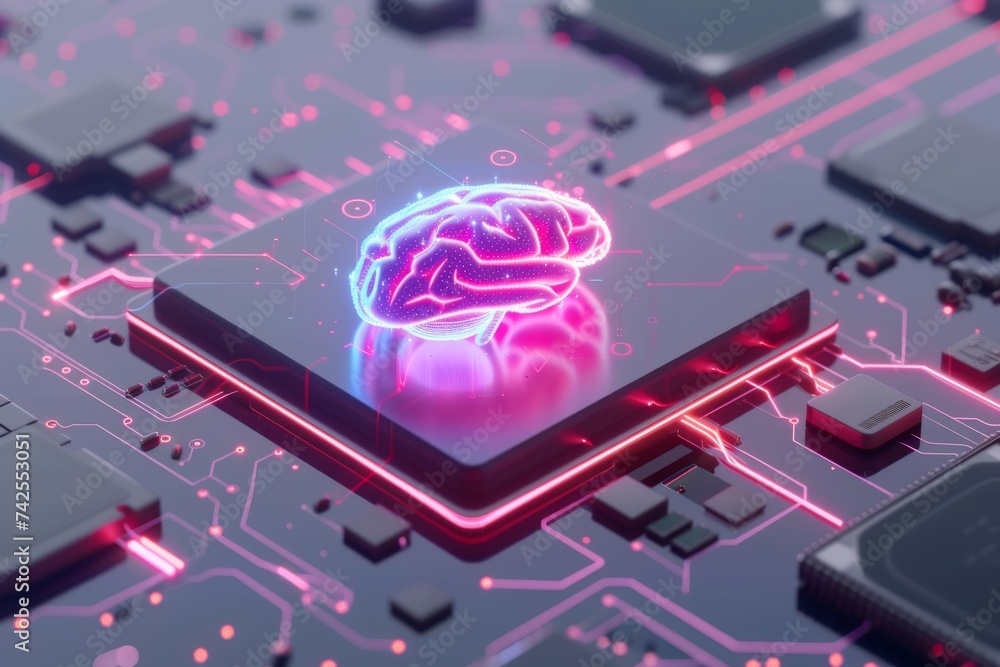 Poster ai brain chip neon. artificial intelligence devices human excimer laser mind circuit board. neuronal