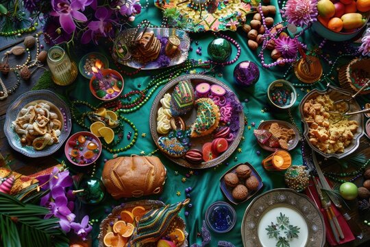 Colorful Spread of Mardi Gras Sweets and Treats