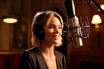 Young girl wearing headphones with microphone during vocal lessons at music school