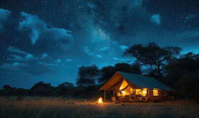 Camping under the Serengeti Stars: Capture the Magic of a Starry Night Sky Blanketing the Campsite, Where Adventure and Nature Unite in Perfect Harmony. - obrazy, fototapety, plakaty