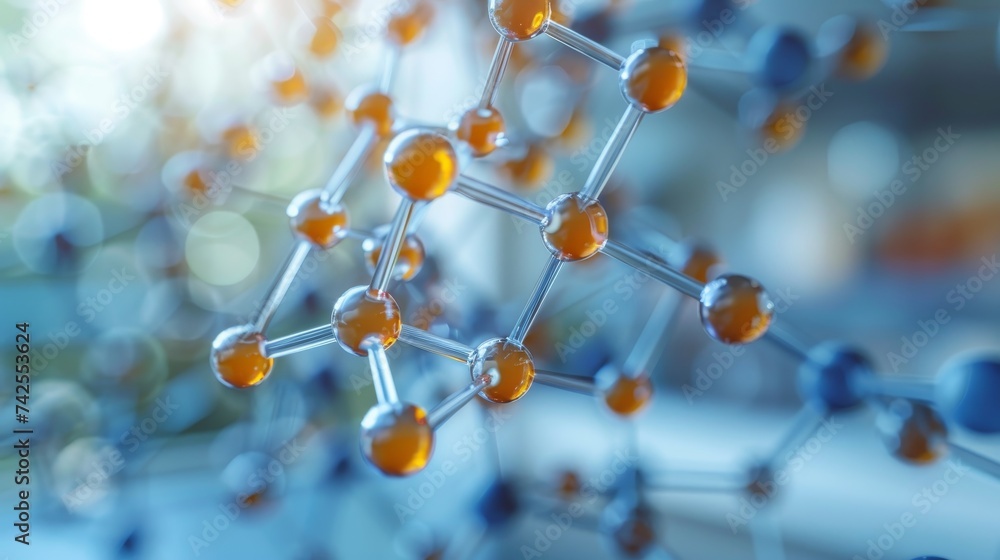 Poster 3d model representation of a complex molecular structure with interconnected atoms, used in scientif