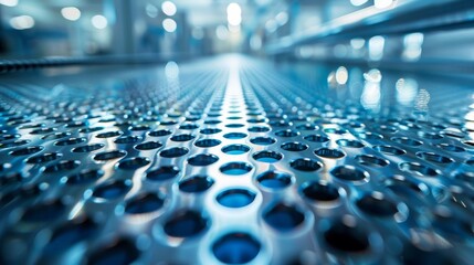 Naklejka premium A close-up, low angle view of a metallic perforated conveyor belt in an industrial setting, with a focus on the pattern and repetition.