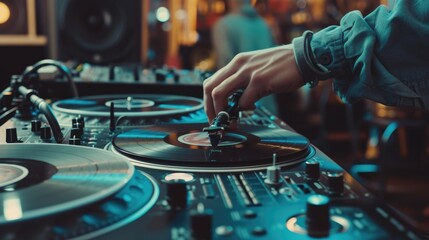 Concept of listening vinil bar. Close-up of DJ hand listening vinyl record . Vintage old vinil phonograph. A slide turntable vinyl record player, retro music