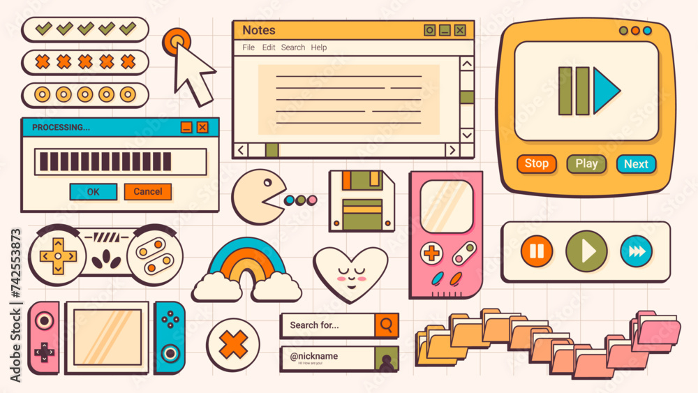 Poster 19 retro user interface old desktop elements. old computer ui, pc screens and vintage games. 90s vap