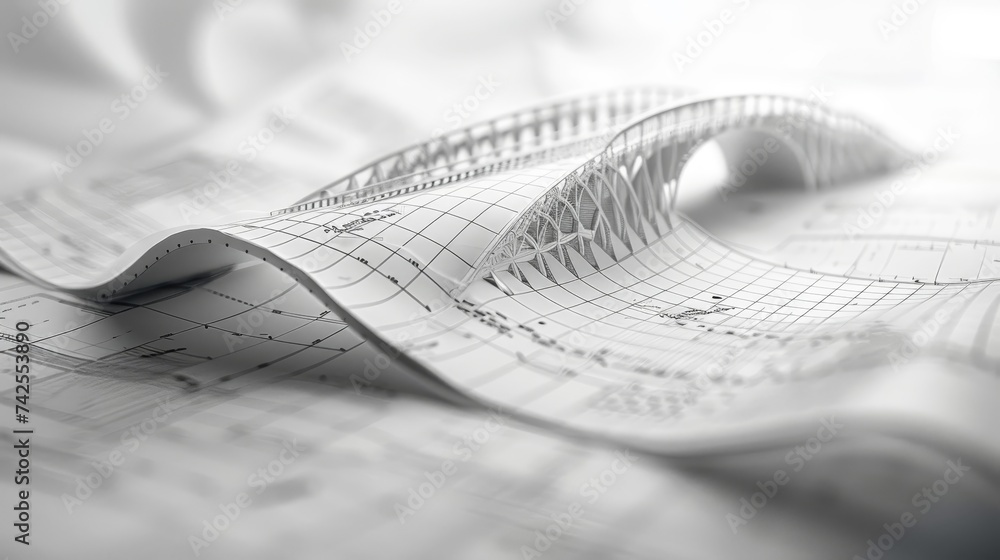 Poster a monochrome architectural blueprint of a bridge design with dynamic curves and lines, highlighting 