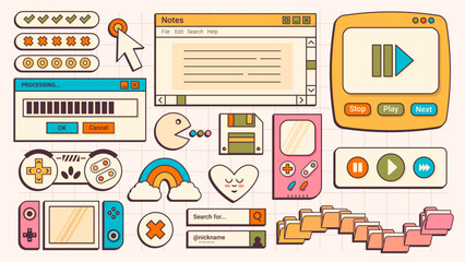 19 retro user interface old desktop elements. Old computer ui, pc screens and vintage games. 90s vaporwave vintage aesthetic vector icons and windows. Interface elements.