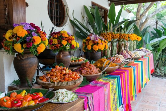 Mexican buffet display with vibrant tablecloth and traditional pottery.