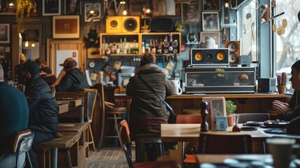 Concept of vinyl and listening bar, communication and  musical experiences,  retro music, music socializing and audiophile community.  - obrazy, fototapety, plakaty