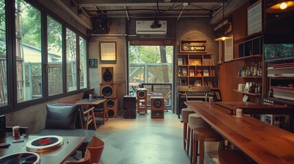 Concept of vinyl and listening bar, communication and musical experiences, retro music, music socializing and audiophile community. 