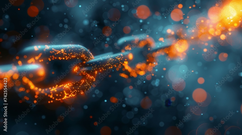Poster dynamic visualization of a blockchain link with fiery data transfer, glowing orange amidst a cool bo