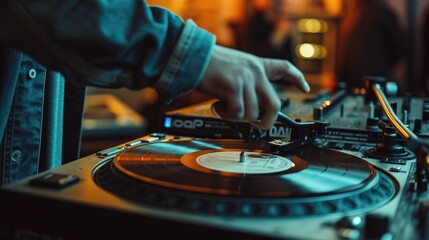 Naklejka premium Concept of listening vinil bar. Close-up of DJ hand listening vinyl record . Vintage old vinil phonograph. A slide turntable vinyl record player, retro music