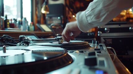Concept of listening vinil bar. Close-up of DJ  hand listening vinyl record . Vintage old vinil phonograph. A slide turntable vinyl record player, retro music - obrazy, fototapety, plakaty
