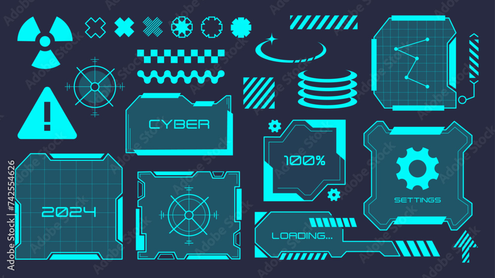 Fototapete Techno HUD windows and elements in cyberpunk style. Scifi abstract geometric templates. Futuristic technology icons.