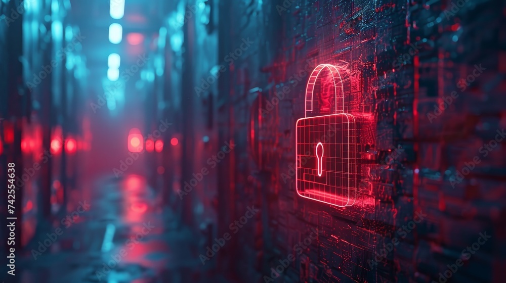 Poster digital lock symbol glowing in red on a dark, moody corridor, symbolizing high-tech cybersecurity an
