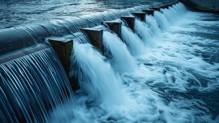 The structured flow of water over a step-overflow weir creates a mesmerizing visual effect, showcasing the controlled release of water in a hydraulic structure.