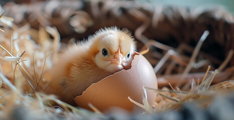 A little cute chick, newborn hatchling is peeking out from a chicken egg. - 742554807