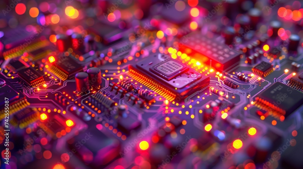 Poster a close-up of a vibrant circuit board with illuminated electronic components, depicting advanced tec