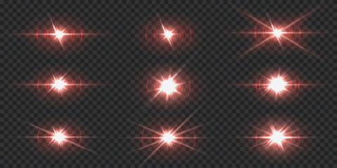 Set of glowing light effects, lens flares, light explosion, sparkle, solar flare, spark and stars. On a transparent background.