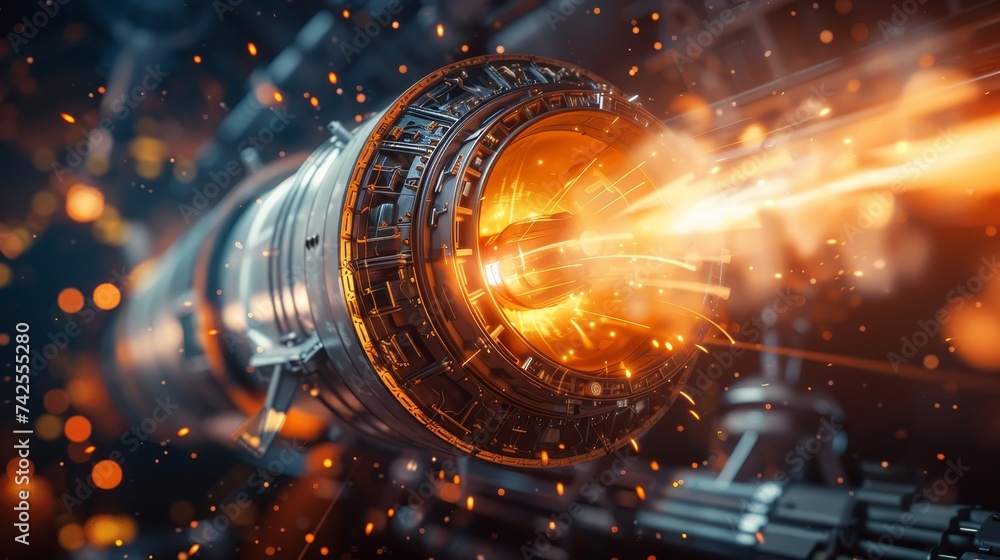 Poster vivid depiction of a particle accelerator generating a powerful energy stream, with dynamic orange a
