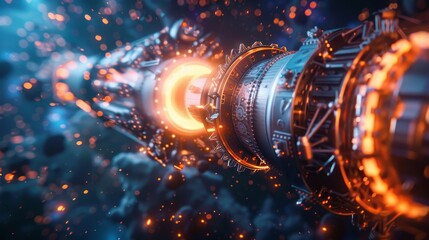 A science fiction engine thruster projects a stream of plasma, highlighted by the contrast of orange against a cool blue background. - obrazy, fototapety, plakaty