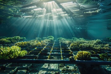 Underwater view of artificial reef with marine life.