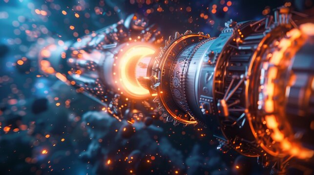 A science fiction engine thruster projects a stream of plasma, highlighted by the contrast of orange against a cool blue background.