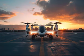 Foto op Aluminium Autonomous electric flying vehicle on airport runway at sunrise. © Julia Jones