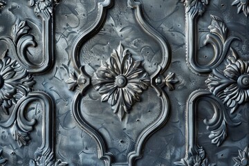 Decorative metal wall panel with ornate floral and scroll designs.