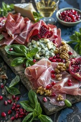 Gourmet charcuterie board with assorted cheeses, prosciutto, pomegranate, and nuts.
