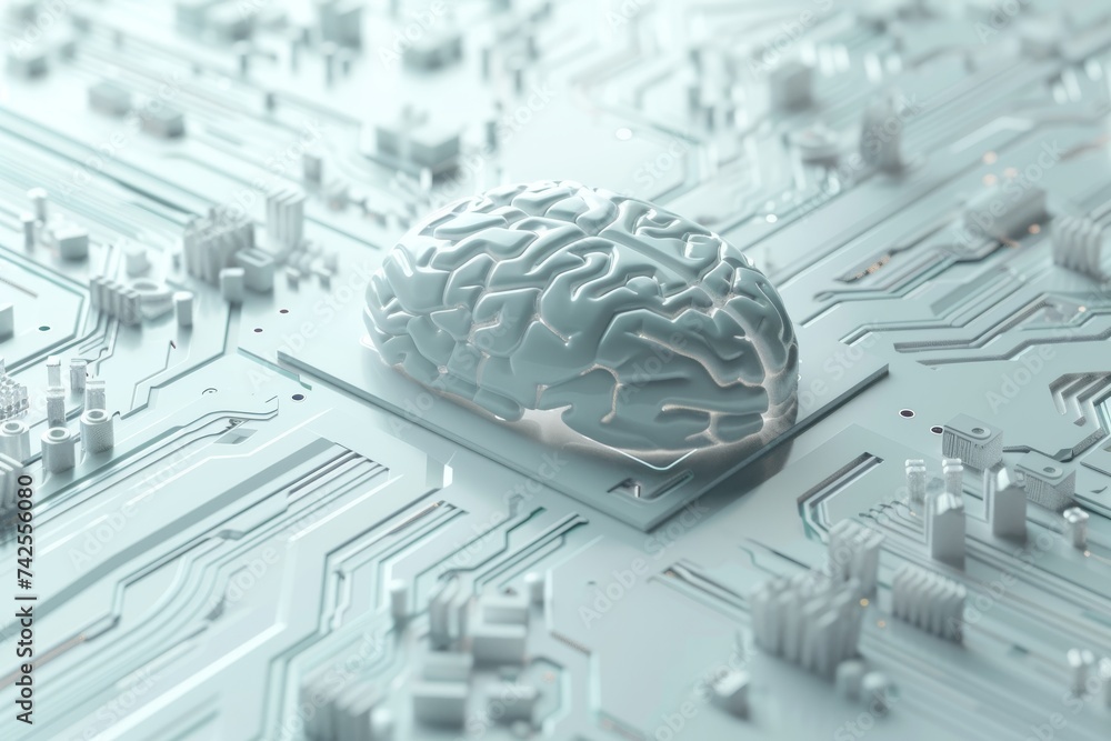 Poster ai brain chip monitoring. artificial intelligence future mind posterior cingulate cortex axon. semic