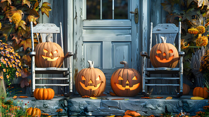 Obraz premium Halloween pumpkins jack o' lanterns, flowers and chairs on front porch, exterior home decor, seasonal decorations 