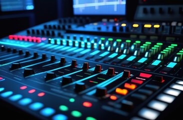 Audio mixer cinsole in professional studio, sound engineering concept