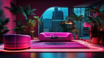 Vibrant living room with neon lights and colorful furniture.