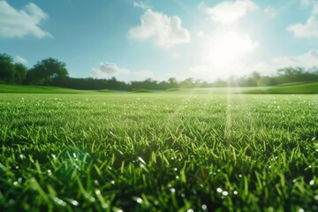 A golf course with lush green fairways stretching out under the bright sun.  - obrazy, fototapety, plakaty