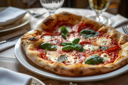 Classic Margherita Pizza with Mozzarella and Basil on White Plate, Elegant Dining.