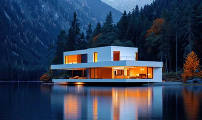 Fototapete Rund modern minimalist house with windows glowing with a cozy warm light, on the shore of a pond against the backdrop of forest and mountains at dusk © Александр Довянский