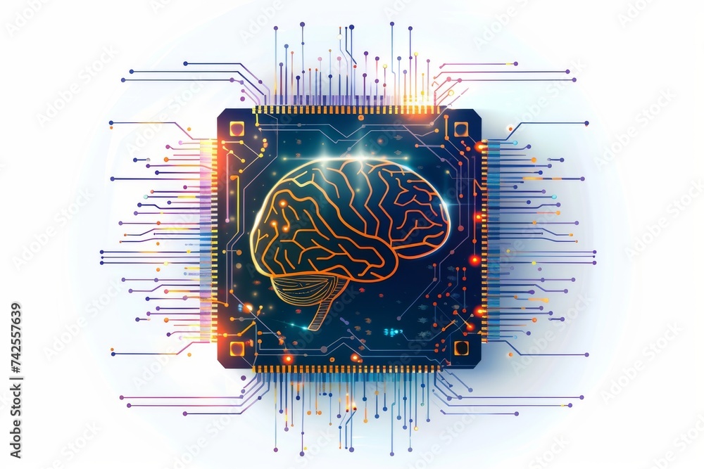 Poster ai brain chip germanium. artificial intelligence future human ai lifecycle mind circuit board. neuro